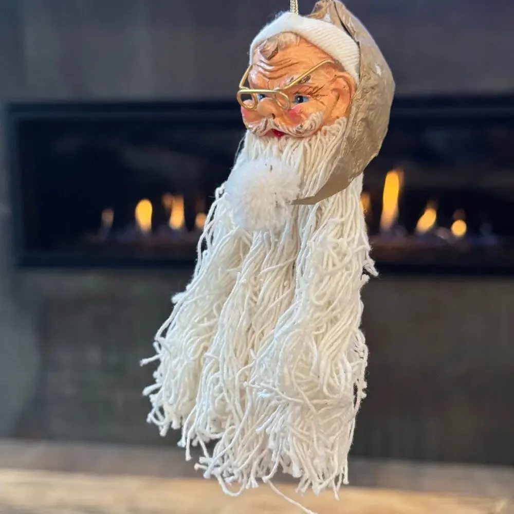 Vintage Santa Claus Head Ornaments Wire Glasses Mop String Beard Set of 3 Retro